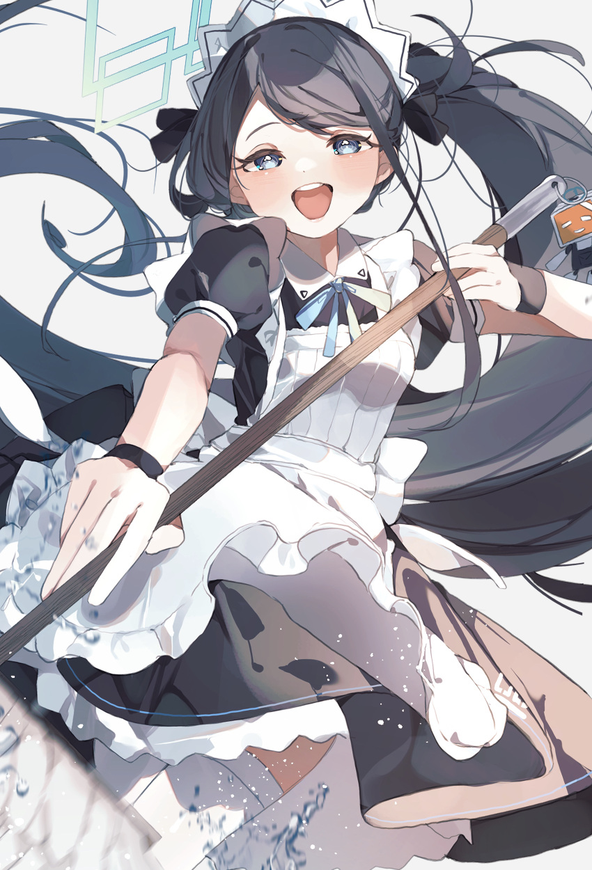 1girl absurdly_long_hair absurdres alternate_costume apron aqua_ribbon aris_(blue_archive) aris_(maid)_(blue_archive) black_dress black_hair blue_archive blush borrowed_clothes broom dress enmaided gominami halo highres holding holding_broom long_hair looking_at_viewer maid maid_headdress neck_ribbon official_alternate_costume petticoat pinafore_dress ponytail ribbon simple_background sleeveless sleeveless_dress smile solo splashing swept_bangs teeth upper_teeth_only very_long_hair white_apron white_background