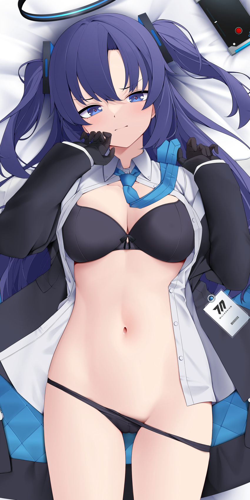 1girl absurdres bed_sheet black_bra black_panties blue_archive blue_eyes blue_necktie blush bra breasts cleavage closed_mouth collared_shirt dakimakura_(medium) gloves groin hair_between_eyes halo highres jacket large_breasts long_hair long_sleeves looking_at_viewer lying navel necktie on_back open_clothes open_jacket open_shirt panties purple_hair shirt solo stomach thighs twintails two_side_up uncensored underwear very_long_hair white_shirt yuuka_(blue_archive) z.taiga