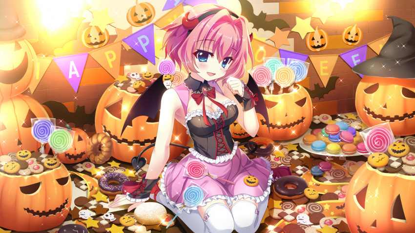 1girl bare_shoulders bat_(animal) black_bustier black_wrist_cuffs blue_eyes bow breasts brick_wall candy checkerboard_cookie cleavage cleavage_cutout clothing_cutout cookie demon_costume demon_horns demon_tail demon_wings dot_nose doughnut dress fake_horns film_grain food frilled_bustier frills game_cg ghost hair_intakes halloween halloween_costume hat hiiragi_kae horned_headwear horns izumi_tsubasu jack-o'-lantern large_breasts lollipop macaron neck_garter non-web_source official_art open_mouth pink_hair pink_skirt re:stage! red_bow red_brooch red_footwear shoes short_hair sitting skirt skull sleeveless sleeveless_dress smile solo sparkle star_(symbol) string_of_flags swirl_lollipop tail thighhighs wariza white_thighhighs wings witch_hat zettai_ryouiki
