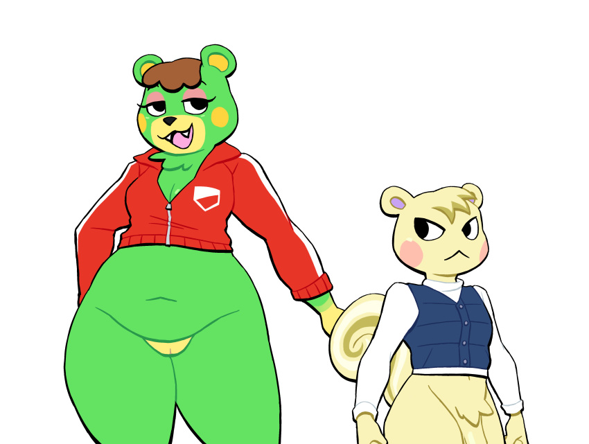 absurd_res animal_crossing anthro bear bottomless charlise_(animal_crossing) clothed clothing duo female genitals hi_res larger_female lovetopullmicke male male/female mammal marshal_(animal_crossing) nintendo open_mouth open_smile penis pussy rodent sciurid simple_background size_difference smaller_male smile tree_squirrel white_background