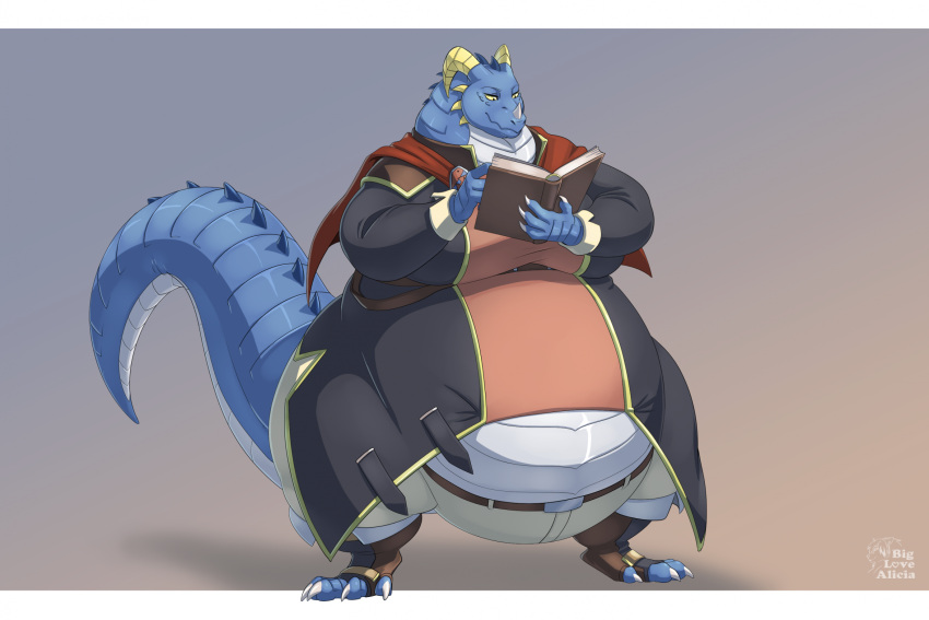 2023 2_horns anthro big_moobs biglovealicia blue_body book claws clothed clothing digitigrade dorsal_spikes dragon finger_claws full-length_portrait fully_clothed hi_res horn huge_belly huge_thighs light lighting looking_at_book looking_at_object male moobs morbidly_obese morbidly_obese_male obese obese_male overweight overweight_male portrait reading reading_book scalie shaded signature simple_background smile solo solo_focus standing tail thick_arms thick_tail thick_thighs toe_claws western_dragon white_body yellow_eyes yellow_horn