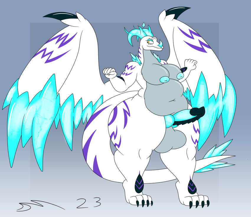 absurd_res chubby_anthro chubby_belly chubby_female dirtymac dragon female grey_underbelly gynomorph herm hi_res ice ice_horn ice_spikes intersex mature_female overweight white_body wings yellow_eyes