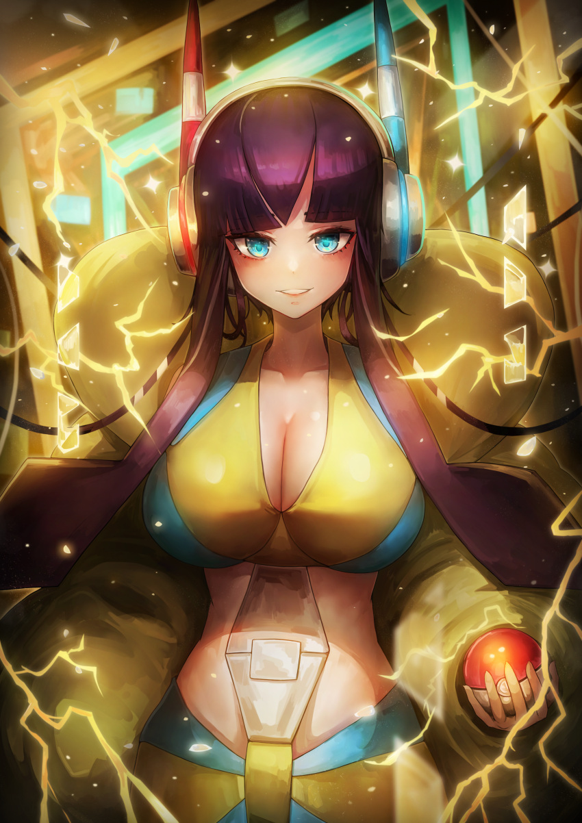 1girl absurdres alternate_breast_size blunt_bangs breasts buckle cleavage collarbone commentary_request electricity elesa_(pokemon) eyelashes green_eyes headphones highres holding holding_poke_ball jacket large_breasts looking_at_viewer poke_ball poke_ball_(basic) pokemon pokemon_(game) pokemon_bw2 purple_hair sidelocks smile solo sparkle sports_bra yellow_jacket ziteng_yue
