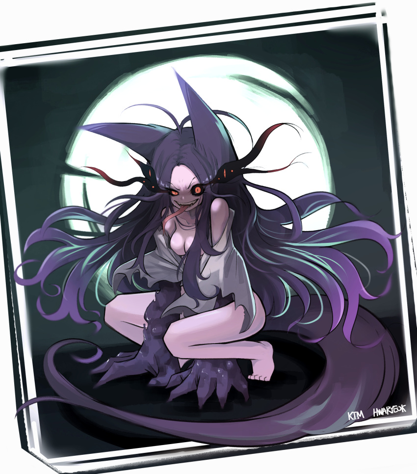 1girl absurdres animal_ears antenna_hair artist_name bare_legs bare_shoulders black_sclera breasts character_request colored_sclera dungeon_and_fighter fox_ears fox_tail highres hwaryeok long_hair long_tongue medium_breasts monster_girl orange_eyes rags solo squatting tagme tail tongue