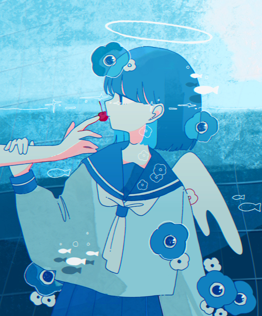 1girl 1other ascot black_eyes black_sailor_collar black_skirt blue_hair bob_cut cherry finger_to_mouth fish food fruit grey_shirt hair_behind_ear halo highres holding_another's_wrist long_sleeves looking_at_another medium_hair original pressing sailor_collar school_uniform serafuku shirt skirt sleeve_cuffs solo_focus sskitaco tile_wall tiles underwater upper_body white_ascot white_wings wings