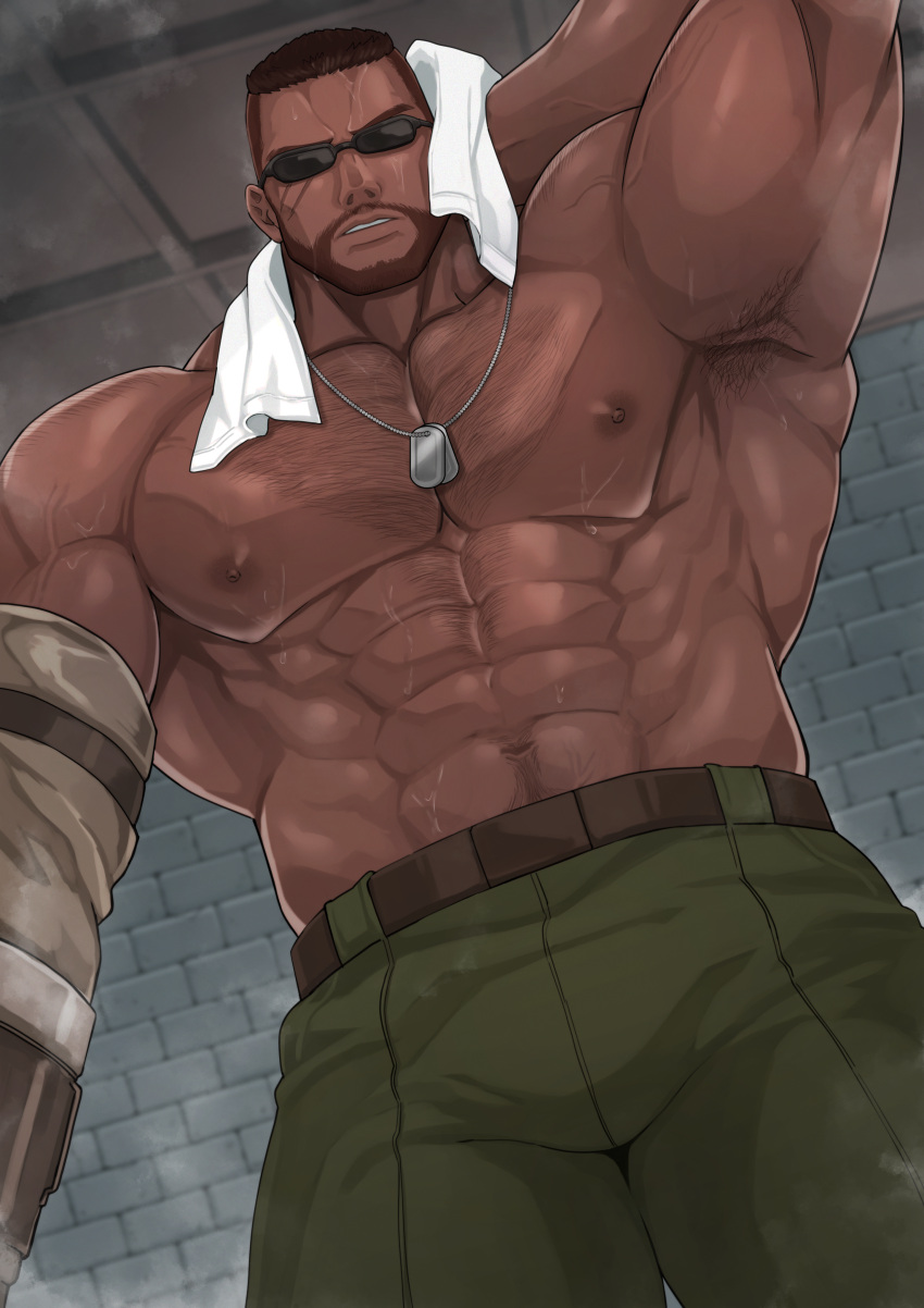 abs absurdres bara barret_wallace beard facial_hair final_fantasy final_fantasy_vii final_fantasy_vii_remake hairy harada_(basashi) highres large_pectorals male_focus muscular muscular_male non-web_source pectorals sunglasses thick_thighs thighs topless_male towel towel_around_neck