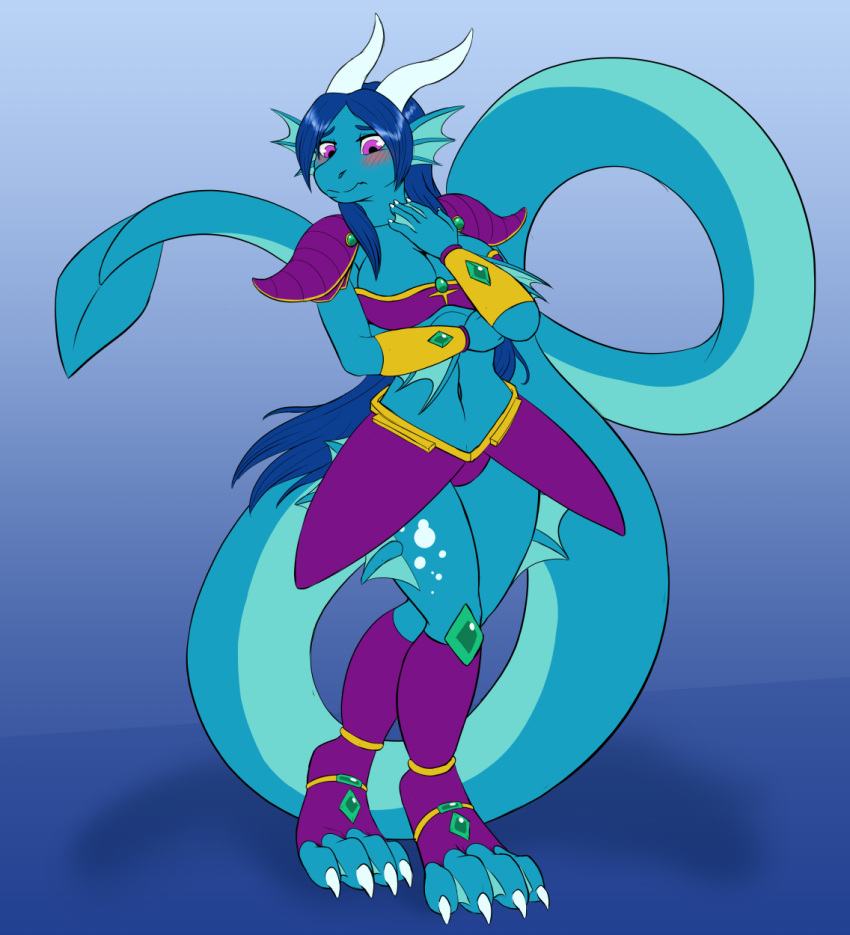 2019 after_transformation anthro aquatic_dragon armor blue_body blue_hair blush digitigrade dragon female hair hi_res long_tail looking_down marine membrane_(anatomy) navel oter pauldron purple_eyes simple_background solo standing tail unconvincing_armor webbed_feet webbed_hands