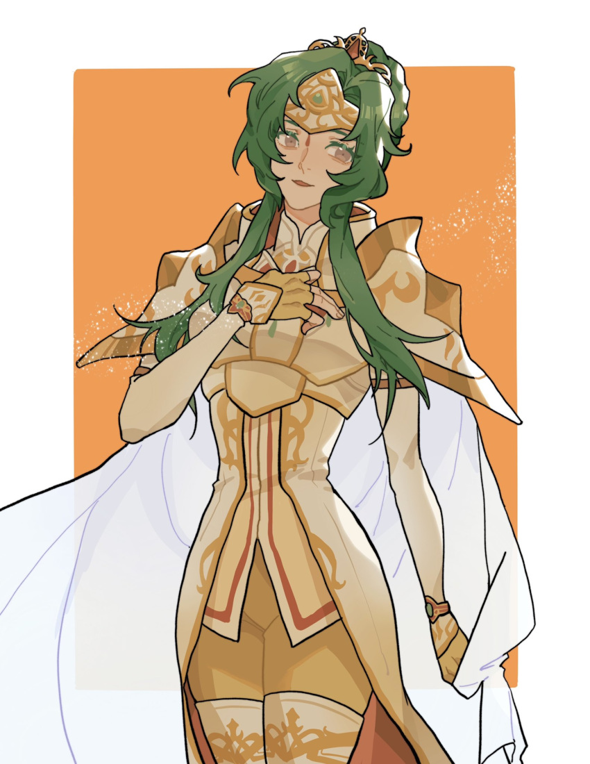 1girl armor border bridal_gauntlets cape circlet commentary cuirass elincia_ridell_crimea elincia_ridell_crimea_(undaunted_queen) fire_emblem fire_emblem:_path_of_radiance fire_emblem:_radiant_dawn fire_emblem_heroes green_hair highres julianlynnnn legs_together long_hair orange_background shoulder_armor solo standing tiara white_border white_cape