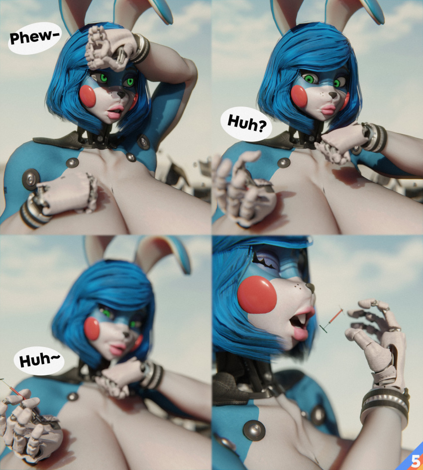 2023 3d_(artwork) absurd_res air_pump animatronic anthro big_breasts black_nose blue_body blue_hair breasts buckteeth cloud digital_media_(artwork) female fingers five_nights_at_freddy's five_nights_at_freddy's_2 green_eyes hair hi_res huge_breasts lagomorph leporid lips looking_at_object machine macro mammal nude outside pink_lips rabbit robot scottgames solo sunr4y teeth text toy_bonnie_(fnaf) white_body