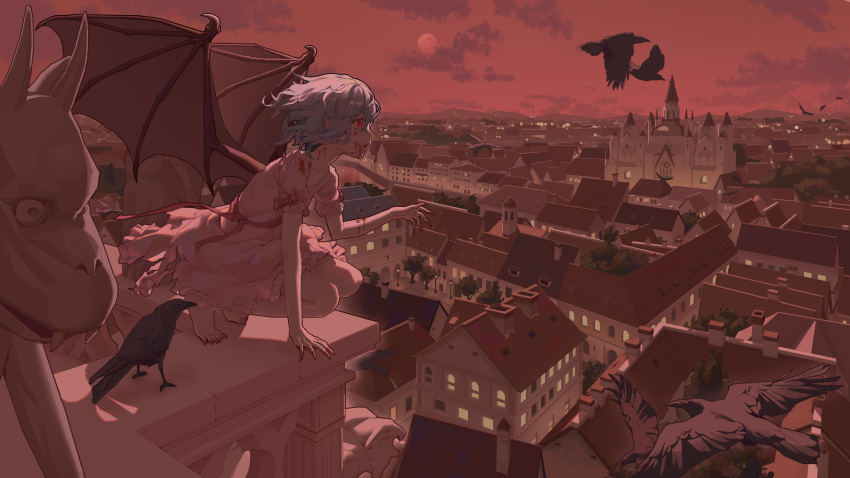 1girl absurdres barefoot bat_wings bird blood blood_on_face blue_hair building castle cloud commentary_request crow dress fingernails from_side full_body full_moon gargoyle highres house lamppost moon open_mouth outdoors pink_dress red_eyes red_sky red_theme remilia_scarlet sharp_fingernails sharp_toenails short_hair short_sleeves sky solo squatting statue toenails touhou town tree vampire wings youpofen