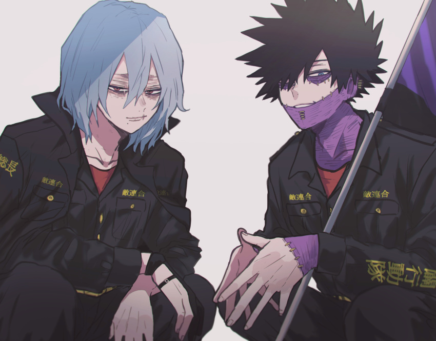 2boys ametaro_(ixxxzu) black_hair black_jacket black_pants black_shirt blue_eyes blue_hair boku_no_hero_academia burn_scar cheek_piercing dabi_(boku_no_hero_academia) flag highres jacket looking_at_viewer male_focus multiple_boys multiple_scars pants prosthetic_fingers red_eyes red_shirt scar scar_on_face shigaraki_tomura shirt short_hair simple_background spiked_hair squatting staple stapled white_background wrinkled_skin