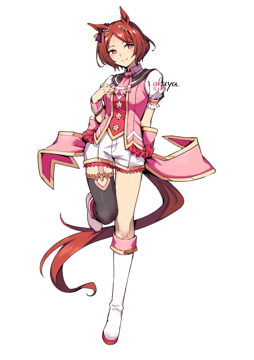 1girl absurdres akaya_shiki animal_ears artist_name ascot brown_hair closed_mouth collared_shirt commentary_request ear_ornament flower-shaped_pupils garter_straps hair_ornament highres horse_ears horse_girl horse_tail leg_up pink_ascot pink_shirt pink_vest puffy_short_sleeves puffy_sleeves purple_eyes sakura_laurel_(umamusume) shirt short_hair short_sleeves shorts simple_background single_thighhigh smile solo symbol-shaped_pupils tail thighhighs umamusume vest white_background white_footwear white_shorts