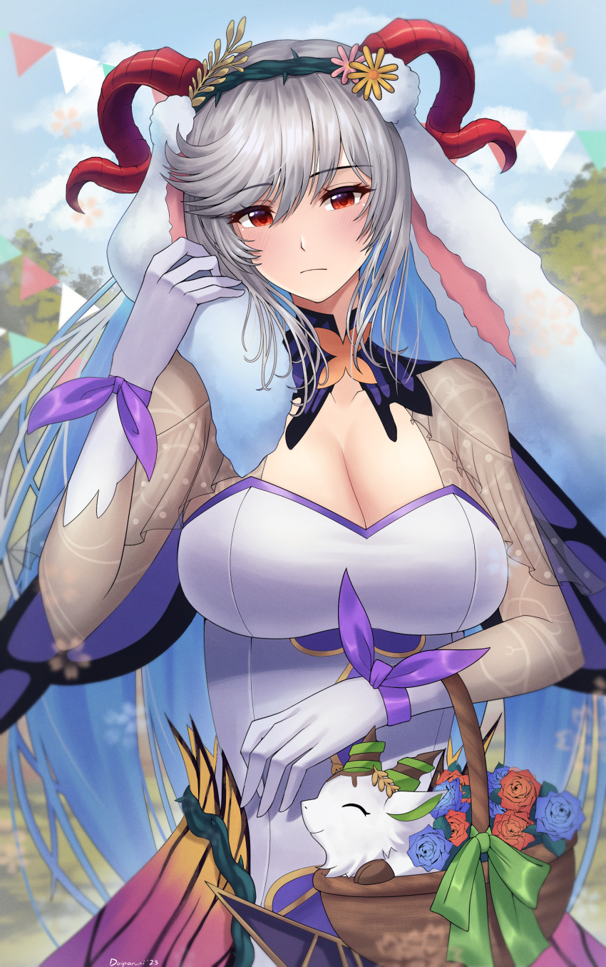 1girl absurdres animal_ears basket blue_flower blue_hair blue_rose blue_sky blush breasts closed_mouth cloud commentary curled_horns doiparuni dress english_commentary fake_animal_ears fire_emblem fire_emblem_heroes flower freyja_(fire_emblem) freyja_(spring)_(fire_emblem) gloves goat_horns grey_hair highres holding holding_basket horns large_breasts long_hair looking_at_viewer multicolored_hair official_alternate_costume orange_flower orange_rose outdoors rabbit_ears red_eyes red_horns rose see-through sky solo stuffed_animal stuffed_goat stuffed_toy two-tone_hair white_dress white_gloves