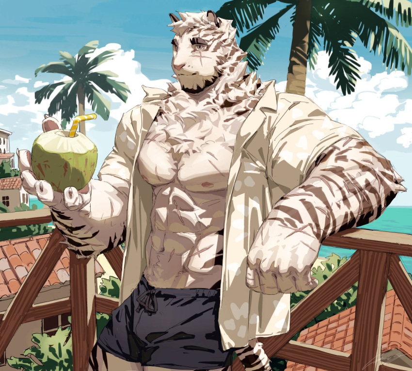 abs arknights bara bare_pectorals black_shorts blue_sky cloud coconut coconut_tree drink english_commentary furry furry_male gentle2nd holding holding_drink light_smile looking_at_viewer mountain_(arknights) multiple_scars muscular muscular_male ocean palm_tree pectorals scar shorts sky smile tail tiger_boy tiger_stripes tiger_tail tree white_fur