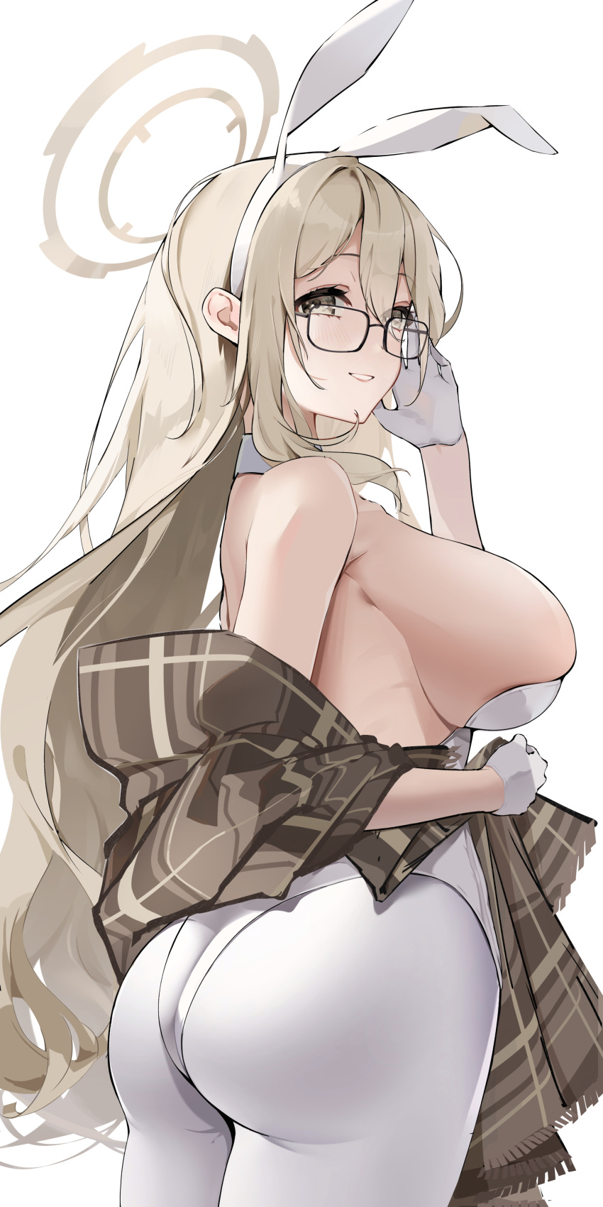 1girl absurdres akane_(blue_archive) akane_(bunny)_(blue_archive) animal_ears ass black-framed_eyewear blue_archive breasts brown_shawl detached_collar fake_animal_ears fangwan glasses gloves highres holding_shawl huge_ass large_breasts leotard light_brown_hair long_hair looking_at_viewer looking_to_the_side official_alternate_costume pantyhose playboy_bunny rabbit_ears rectangular_eyewear shawl sideboob simple_background skindentation smile solo strapless strapless_leotard very_long_hair white_gloves white_leotard white_pantyhose