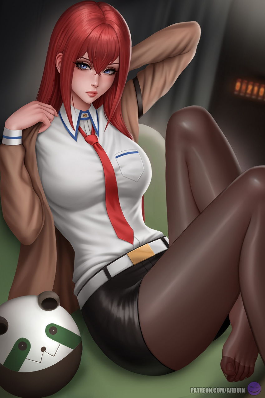 1girl arduina_(arduin_art) arm_behind_head belt black_skirt breasts brown_jacket brown_pantyhose collared_shirt feet hair_between_eyes highres jacket large_breasts lips long_hair looking_to_the_side lying makise_kurisu miniskirt necktie no_shoes on_back pantyhose patreon_username pencil_skirt red_hair red_necktie shirt shirt_tucked_in sidelocks skirt solo steins;gate toes white_shirt