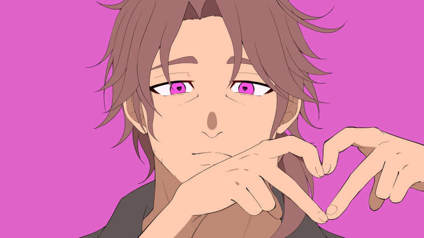 1boy belmond_banderas black_shirt brown_hair choco_(chocovix112) closed_mouth collared_shirt eyebrows_hidden_by_hair facial_hair heart heart-shaped_pupils heart_hands highres looking_at_viewer male_focus nijisanji parted_bangs portrait purple_background purple_eyes shirt simple_background solo stubble symbol-shaped_pupils thick_eyebrows virtual_youtuber