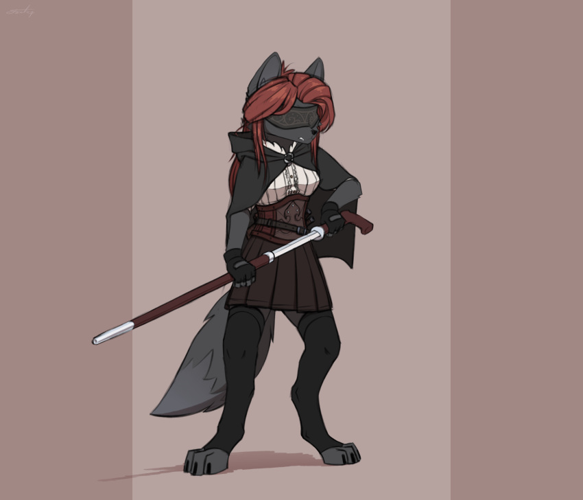 absurd_res anthro black_body black_fur blind blindfold bottomwear canid canine clementine_(dipfanken) cloak clothing dipfanken female fingerless_gloves fox fur gloves handwear hi_res legwear mammal melee_weapon skirt solo sword thigh_highs walking_stick weapon