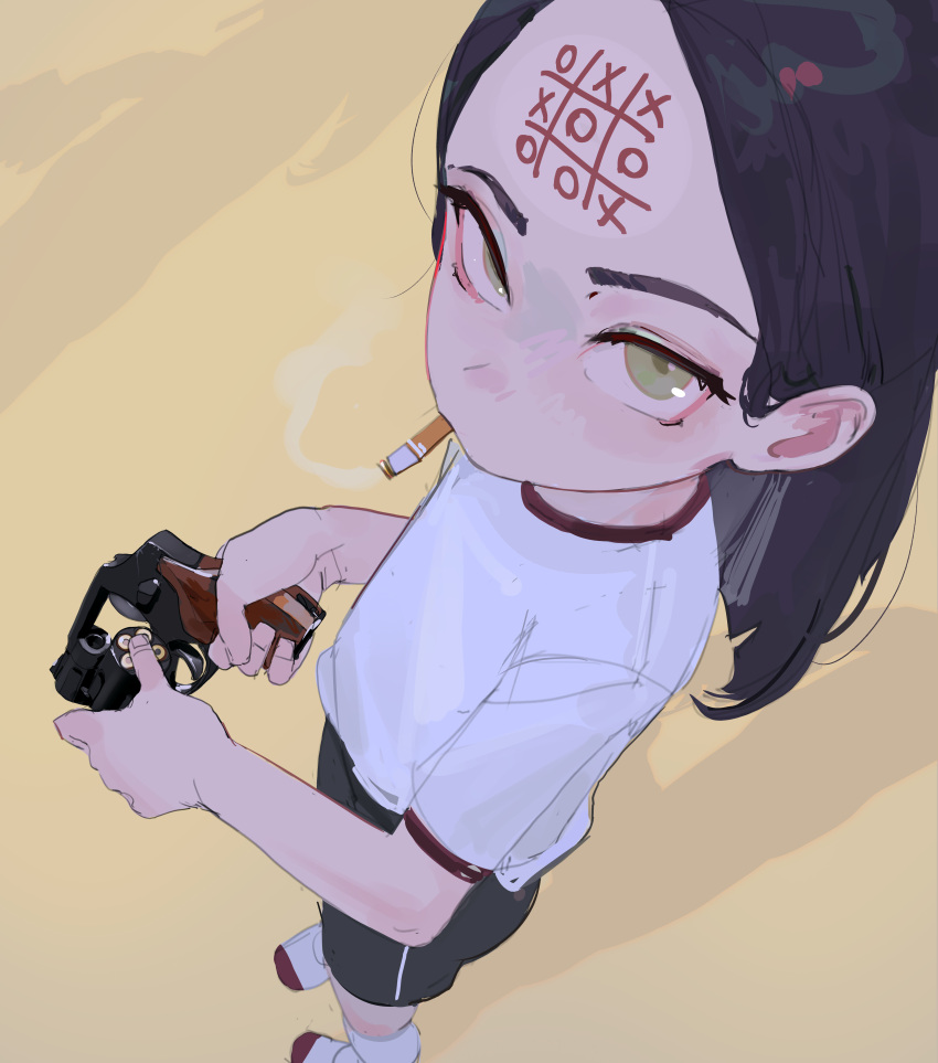 1girl absurdres black_hair black_shorts cigarette commentary english_commentary forehead_writing from_above full_body green_eyes gun gym_shirt highres holding holding_gun holding_weapon medium_hair original parted_bangs polilla red_shirt reloading revolver shirt shorts simple_background smoke smoking socks solo standing tic-tac-toe weapon white_shirt yellow_background