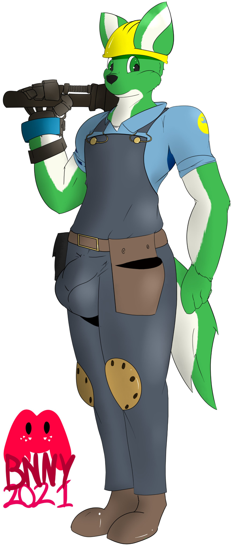 2021 absurd_res anthro balls big_balls big_bulge bulge canid canine canis cesar_(cesaroma71) clothing engineer_(team_fortress_2) fur genitals green_body green_ears green_fur green_tail grey_clothing hi_res holding_object holding_tool holding_wrench male mammal paws solo succubusbnny tail tan_clothing team_fortress_2 tools topwear valve white_body white_ears white_fur white_tail wolf wrench