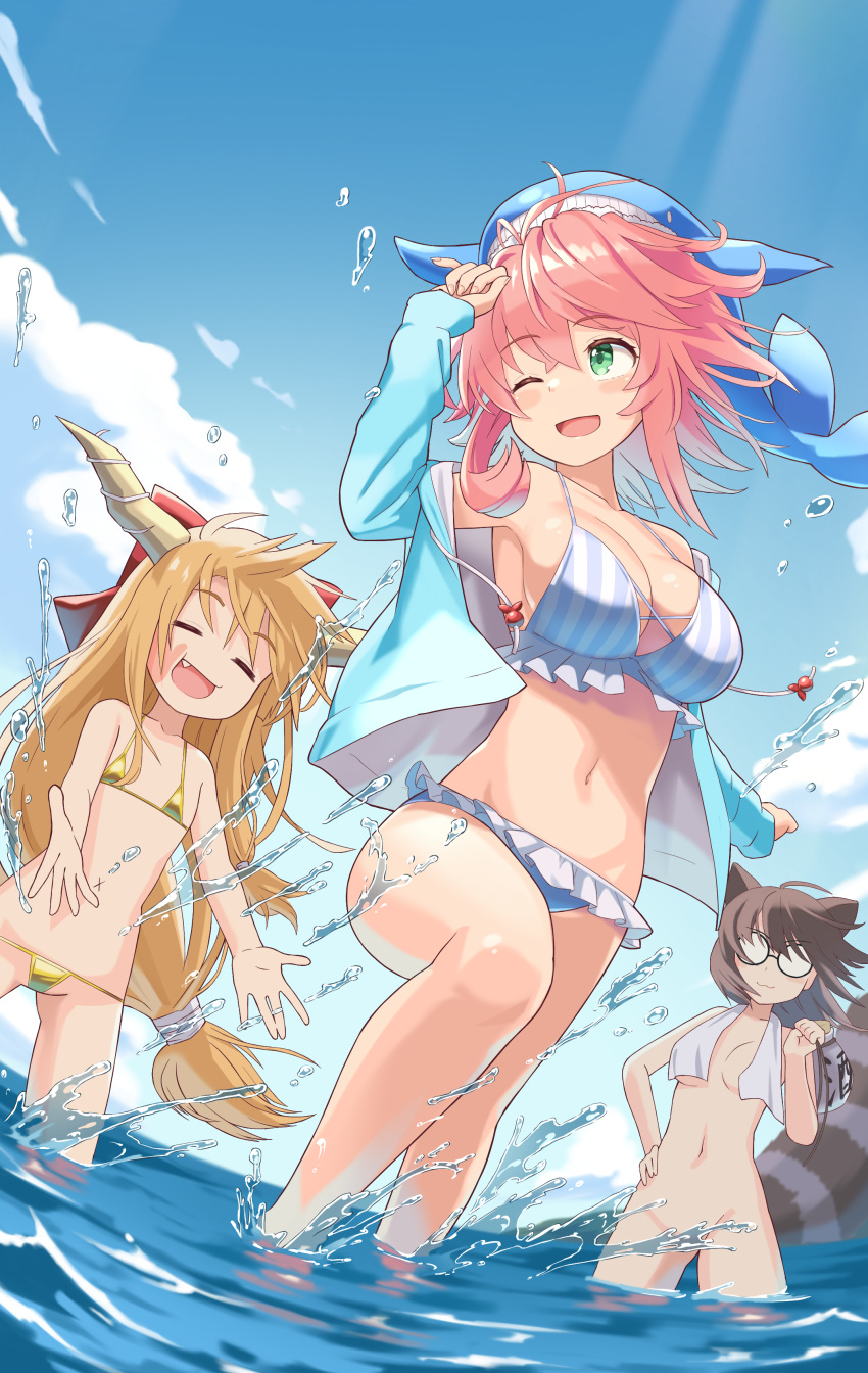 +++ 3girls ;d absurdres arm_up bikini breasts cleavage commentary_request completely_nude day dutch_angle flat_chest futatsuiwa_mamizou glasses green_eyes highres ibuki_suika large_breasts looking_at_viewer looking_back micro_bikini multiple_girls nude okunoda_miyoi one_eye_closed opaque_glasses outdoors pink_hair round_eyewear shiratsuki_shiori sky sleeves_past_wrists smile splashing swimsuit touhou towel towel_around_neck water