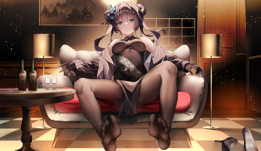1girl absurdres black_dress black_pantyhose black_thighhighs blue_archive bottle china_dress chinese_clothes coat couch cup double_bun dress drinking_glass feet gloves hair_bun highres kisaki_(blue_archive) long_hair looking_at_viewer pantyhose shitsurakuen_(paradise_lost) sitting soles spread_legs striped striped_coat thighhighs toes twintails vertical-striped_coat wine_bottle wine_glass
