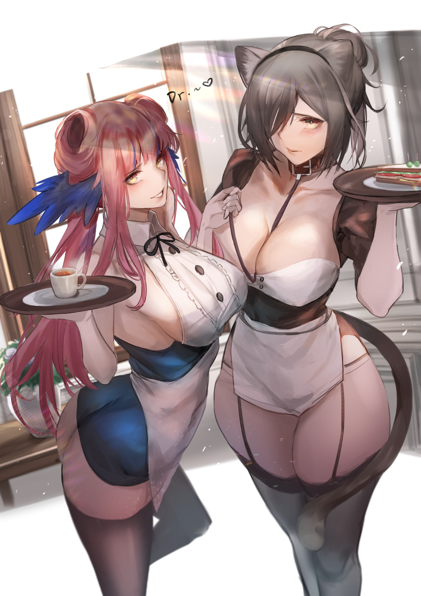 2girls absurdres alternate_costume animal_ears arknights ass bangs black_choker black_thighhighs breasts cat_ears cat_tail ceylon_(arknights) choker cleavage commentary_request cup garter_straps grey_hair hair_over_one_eye highres holding holding_tray indoors large_breasts leash long_hair looking_at_viewer multiple_girls pink_hair schwarz_(arknights) shirt standing tail teacup thighhighs thighs tray very_long_hair white_shirt yellow_eyes yujieai