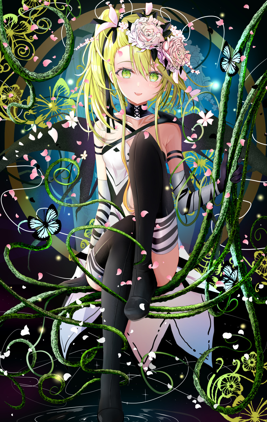 1girl absurdres black_thighhighs boots bug butterfly deathpolca demons_roots elbow_gloves falling_petals flower full_body gloves green_eyes green_hair hair_flower hair_ornament highres legs_together looking_at_viewer petals plant ripples side_ponytail sitting smile solo st1911 thigh_boots thighhighs vines