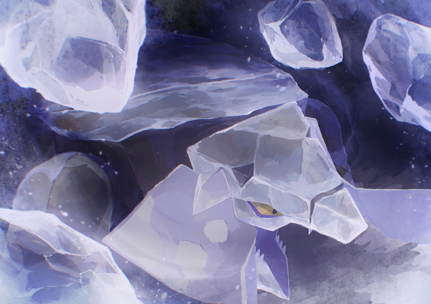 absurdres animal_focus blurry commentary_request highres hisuian_avalugg ice ice_shard looking_down no_humans penurodae pokemon pokemon_(creature) solo yellow_eyes