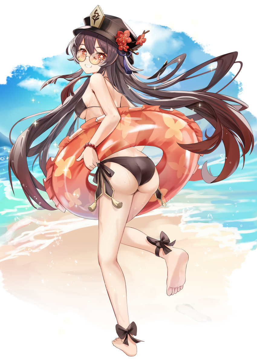 1girl absurdres ass barefoot beach bikini black_bikini breasts brown_hair floating_hair flower genshin_impact glasses grin hat hat_flower highres holding holding_innertube hu_tao_(genshin_impact) innertube long_hair looking_back medium_breasts plum_blossoms porkpie_hat red_eyes round_eyewear smile solo swimsuit symbol-shaped_pupils very_long_hair yutoriko_(candy0905)