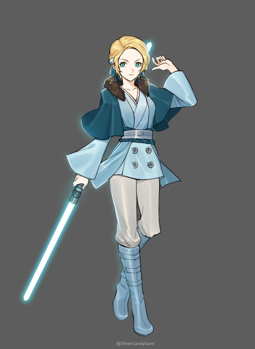 1girl alternate_costume blonde_hair blue_dress blue_footwear boots breasts commentary dress fire_emblem fire_emblem:_three_houses forehead full_body fur_trim green_eyes grey_background grey_pants highres holding_lightsaber ingrid_brandl_galatea long_sleeves looking_at_viewer medium_breasts pants short_dress short_hair silvercandy_gum simple_background solo standing star_wars wide_sleeves