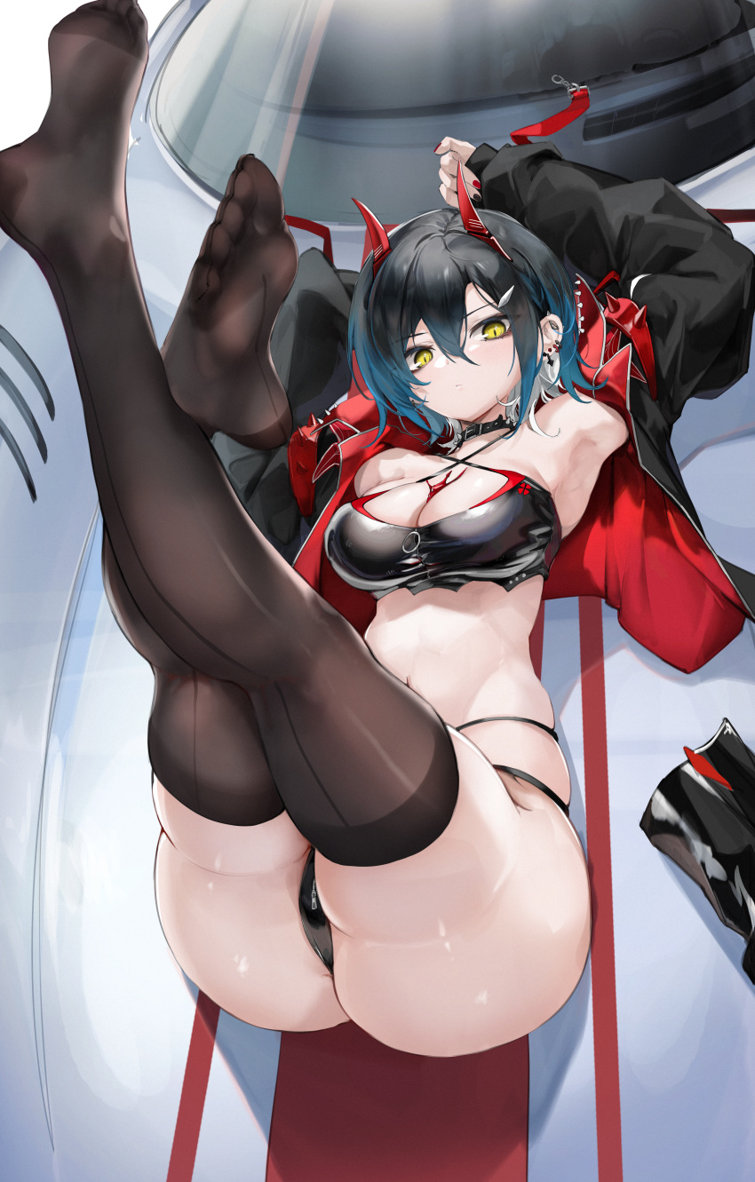 1girl absurdres armpits arms_up ass azur_lane black_choker black_footwear black_hair black_jacket black_nails blue_hair boots breasts brown_thighhighs car choker cleavage closed_mouth colored_inner_hair commentary_request criss-cross_halter crop_top ear_piercing feet full_body hair_between_eyes halterneck high_heel_boots high_heels highres horns jacket large_breasts legs legs_up light_blush long_sleeves looking_at_viewer lying mechanical_horns motor_vehicle multi-strapped_panties multicolored_hair multicolored_nails navel no_shoes official_alternate_costume on_back on_vehicle piercing porsche race_queen red_horns red_nails short_hair skindentation sleeves_past_wrists soles solo spiked_choker spikes stomach thighhighs thighs toes two-sided_fabric two-sided_jacket ulrich_von_hutten_(azur_lane) ulrich_von_hutten_(ignition_matrician)_(azur_lane) unworn_boots white_hair xun_li_eins yellow_eyes zipper_pull_tab