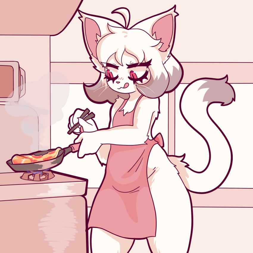 1:1 2021 ahoge anthro appliance apron apron_only blep chopsticks clothing cooking cookware digital_media_(artwork) dipstick_tail domestic_cat felid feline felis female female_anthro flat_chested food frying_pan fur grey_body grey_fur grey_hair hair hi_res holding_object kemono kitchen kitchen_utensils mammal markings multicolored_body multicolored_fur multicolored_hair multicolored_tail pink_eyes pizza pizza_slice robo_(robosylveon) robosylveon short_hair solo steam stove tail tail_markings tongue tongue_out tools white_body white_fur white_hair