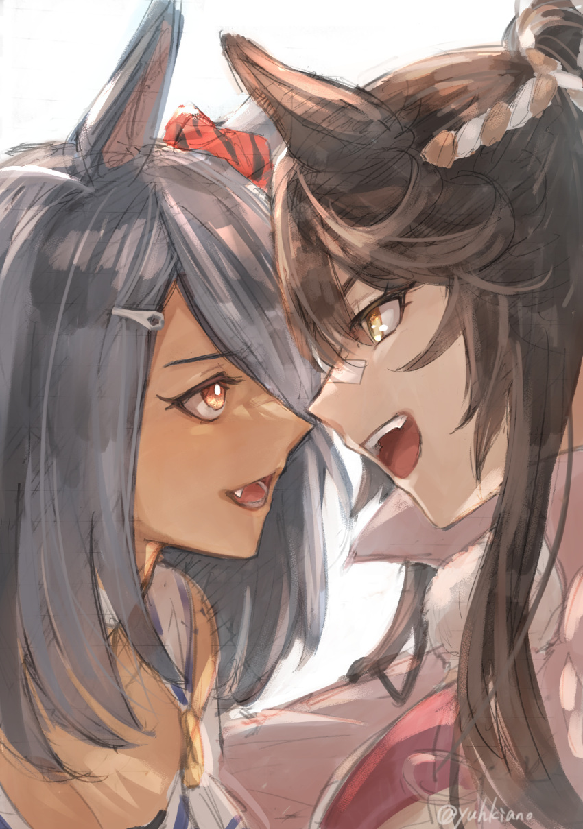 2girls absurdres animal_ears bad_id bad_twitter_id bandaid bandaid_on_face bandaid_on_nose black_hair blue_hair breasts cleavage dark-skinned_female dark_skin eye_contact fang fur_choker hair_ornament hairclip highres hishi_amazon_(umamusume) horse_ears long_hair looking_at_another medium_breasts multiple_girls narita_brian_(umamusume) open_mouth ponytail rope shimenawa smile teeth umamusume upper_body upper_teeth_only yellow_eyes yuhkiano