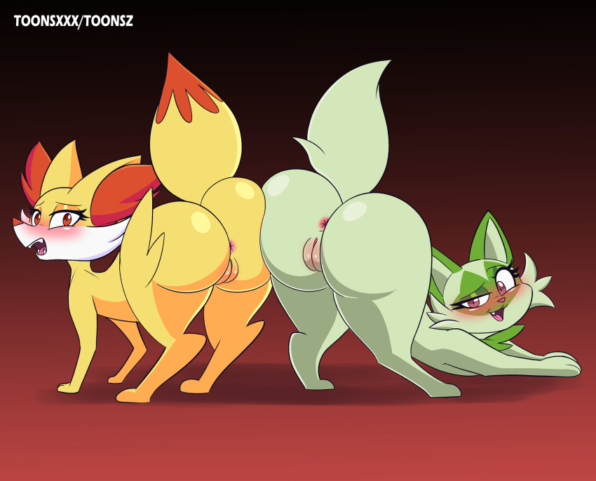 butt canid canine felid female female/female fennekin feral fox generation_6_pokemon generation_9_pokemon hi_res looking_at_viewer looking_back mammal nintendo pokemon pokemon_(species) presenting presenting_hindquarters simple_background sprigatito toonsxxx