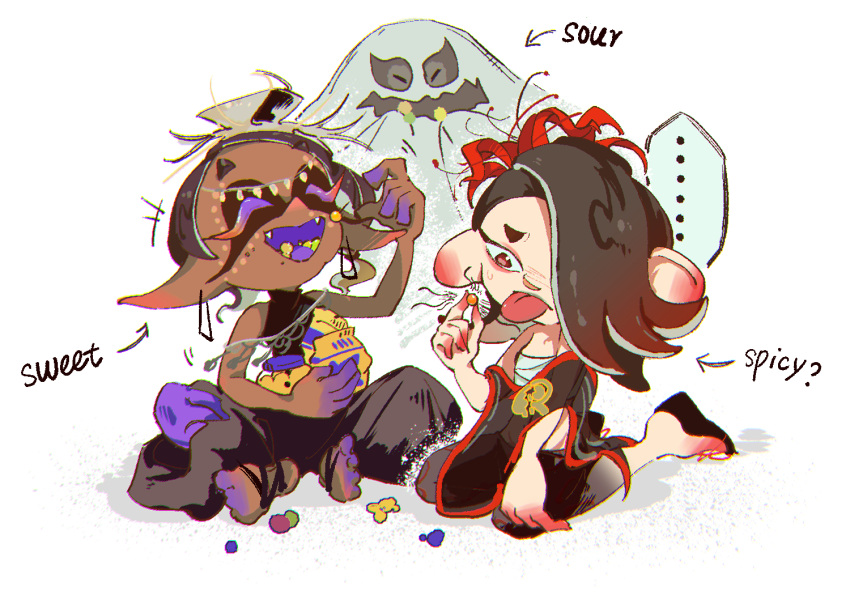 ... 1boy 2girls :d :p ^_^ arm_up asymmetrical_hair bag baggy_pants big_man_(splatoon) black_hair black_pants black_shawl black_shirt candy chest_sarashi closed_eyes colored_eyelashes colored_skin colored_tongue commentary crop_top dark-skinned_female dark_skin earrings eating english_text eyelashes fangs feet flower food food_in_mouth forehead frye_(splatoon) ghost_costume gradient_hair hair_flower hair_ornament hair_over_one_eye halloween_costume jewelry medium_hair multicolored_hair multicolored_skin multiple_girls official_alternate_costume one_eye_covered open_mouth orange_hair pants parted_bangs pointy_ears purple_skin purple_tongue red_eyes red_flower sandals sarashi shawl shirt shiver_(splatoon) short_eyebrows simple_background sitting sleeveless sleeveless_shirt smile spider_lily splatoon_(series) splatoon_3 take_yanzhu tentacle_hair tongue tongue_out white_background