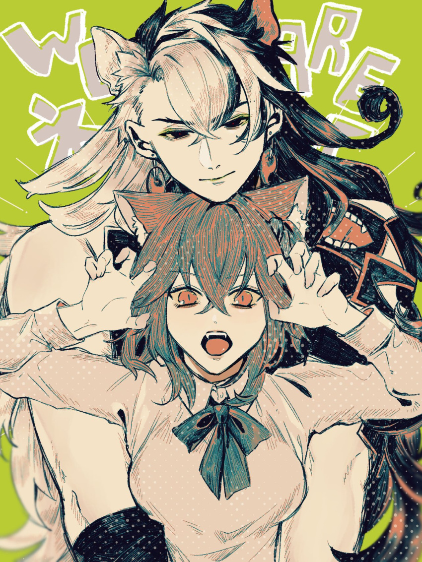 1boy 1girl animal_ears ashiya_douman_(fate) asymmetrical_hair black_eyes black_hair cat_boy cat_ears cat_girl curly_hair earrings eyeshadow fate/grand_order fate_(series) fujimaru_ritsuka_(female) green_background green_eyeshadow hair_between_eyes highres jewelry long_hair magatama magatama_earrings makeup medium_hair multicolored_hair nekko_chaaaaan orange_eyes orange_hair ribbon slit_pupils two-tone_hair upper_body very_long_hair white_hair