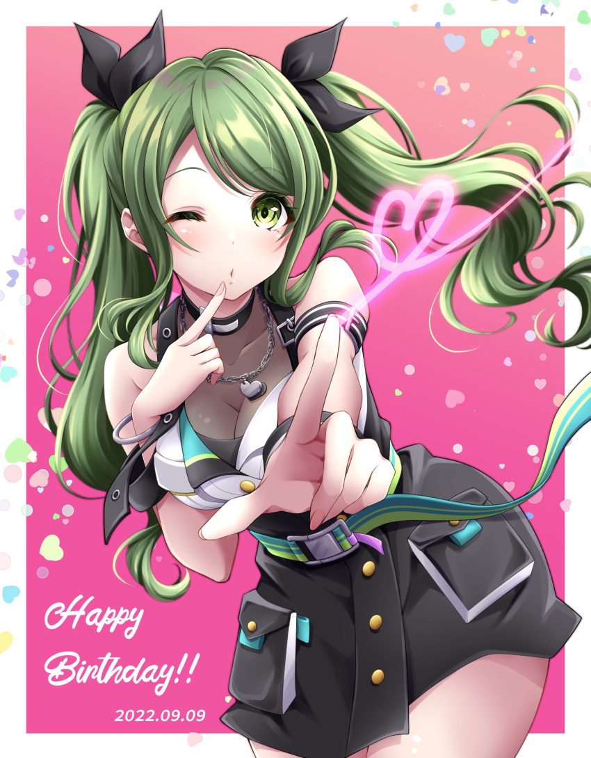 1girl 2022 absurdres black_skirt blush border breasts cleavage d4dj dated gradient_background green_eyes green_hair happy_birthday heart highres jewelry long_hair looking_at_viewer multicolored_background necklace one_eye_closed orange_background pink_background piyopiyomaru_(piyo8823) shimizu_esora shirt skirt solo twintails white_border white_shirt
