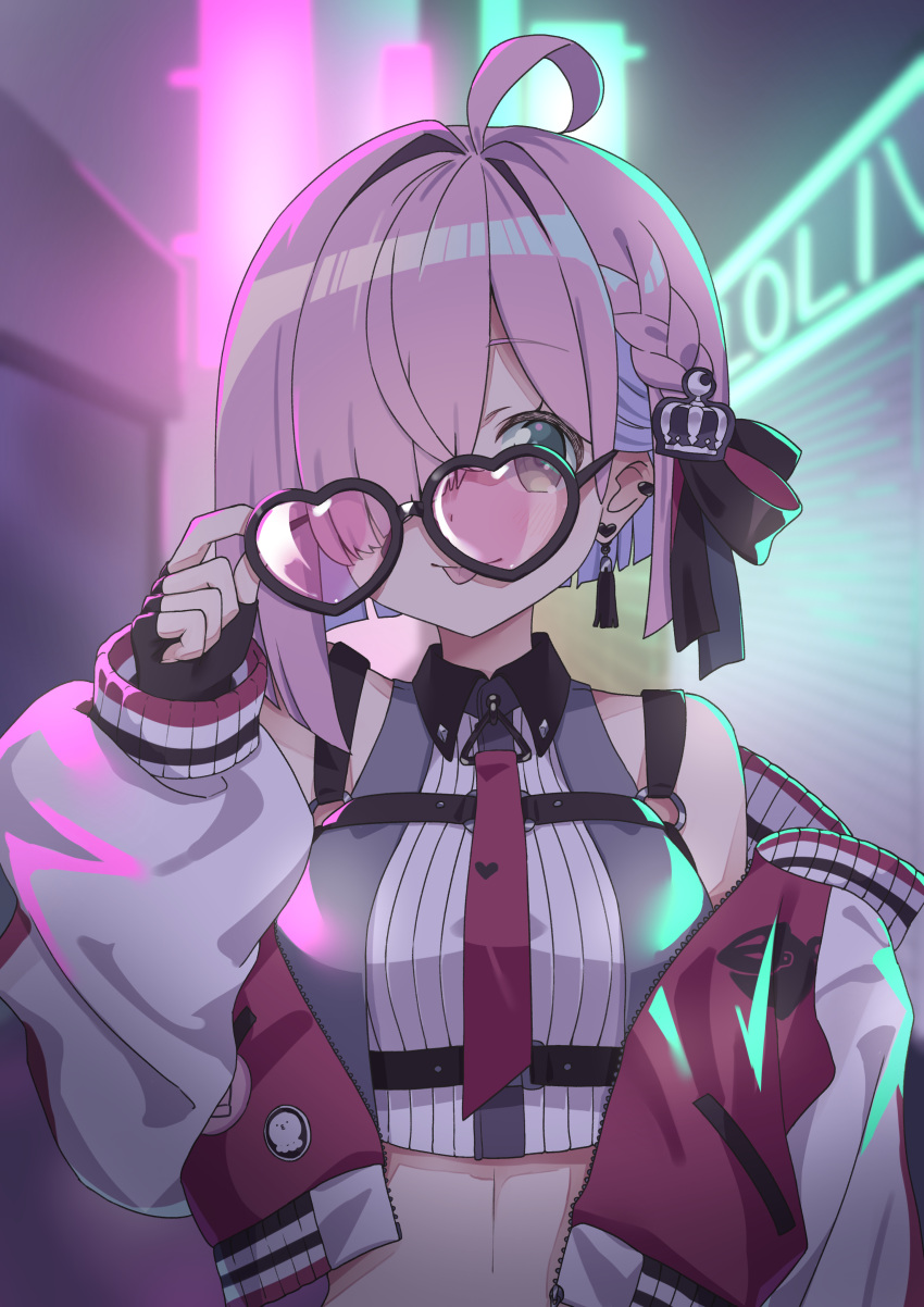 1girl absurdres ahoge braid breast_strap breasts collared_shirt colored_inner_hair crop_top cropped_vest diagonal_bangs earrings fingerless_gloves glasses gloves green_eyes hair_over_one_eye hair_ribbon heart heart-shaped_eyewear highres himemori_luna himemori_luna_(5th_costume) hololive jacket jewelry letterman_jacket looking_at_viewer medium_breasts midriff multicolored_hair necktie off-shoulder_jacket off_shoulder official_alternate_costume official_alternate_hair_length official_alternate_hairstyle open_clothes open_jacket ornament pink-tinted_eyewear pink_hair pink_necktie red_jacket ribbon shirt short_hair single_earring smile solo sunglasses tinted_eyewear tongue tongue_out upper_body vest virtual_youtuber yoizuki_shion