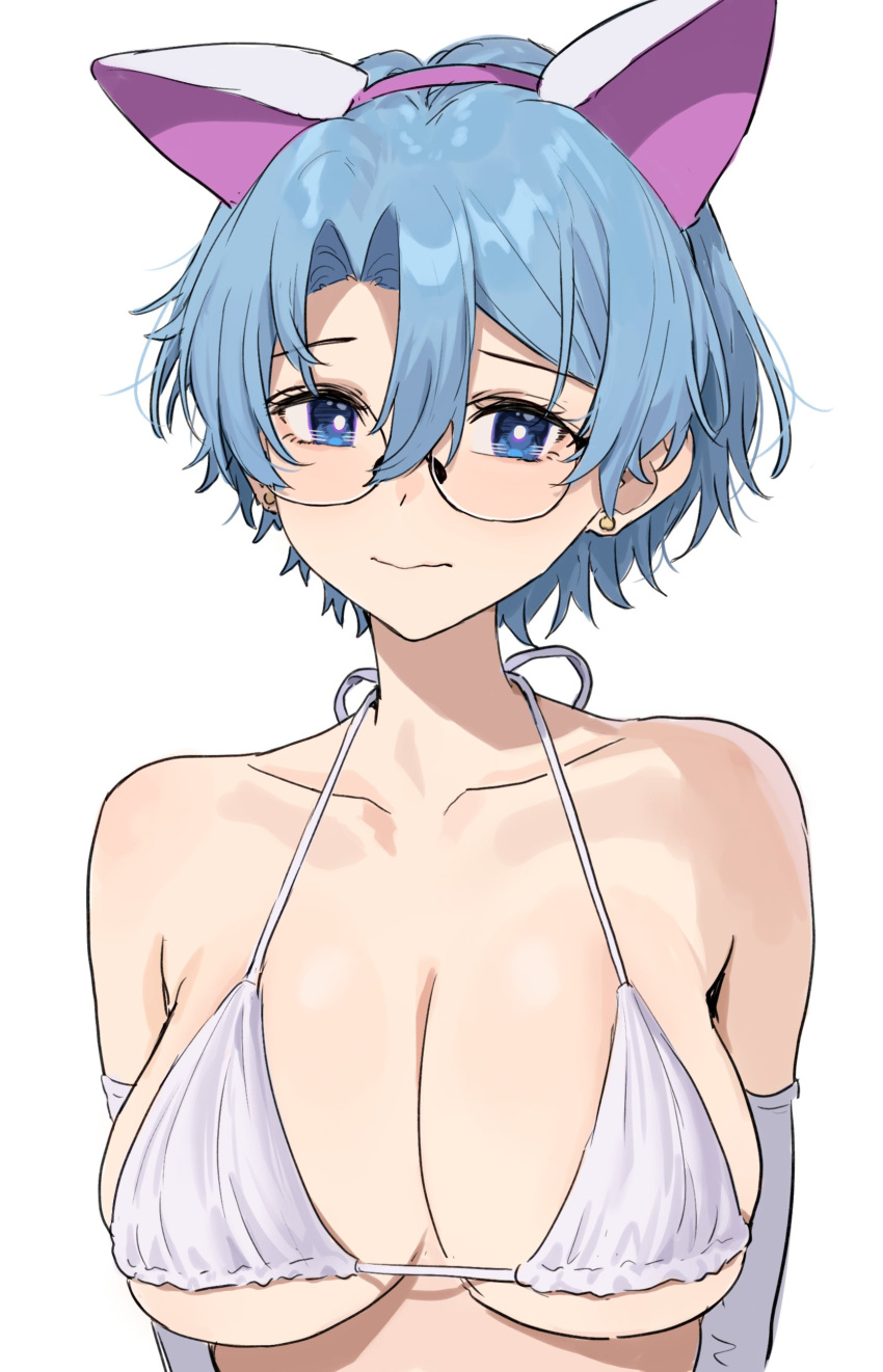 1girl absurdres animal_ears aochoku bare_shoulders bikini blue_eyes blue_hair blush breasts cat_ears cleavage collarbone commentary elbow_gloves fake_animal_ears glasses gloves hairband highres large_breasts looking_at_viewer original round_eyewear short_hair solo swimsuit symbol-only_commentary white_bikini white_gloves