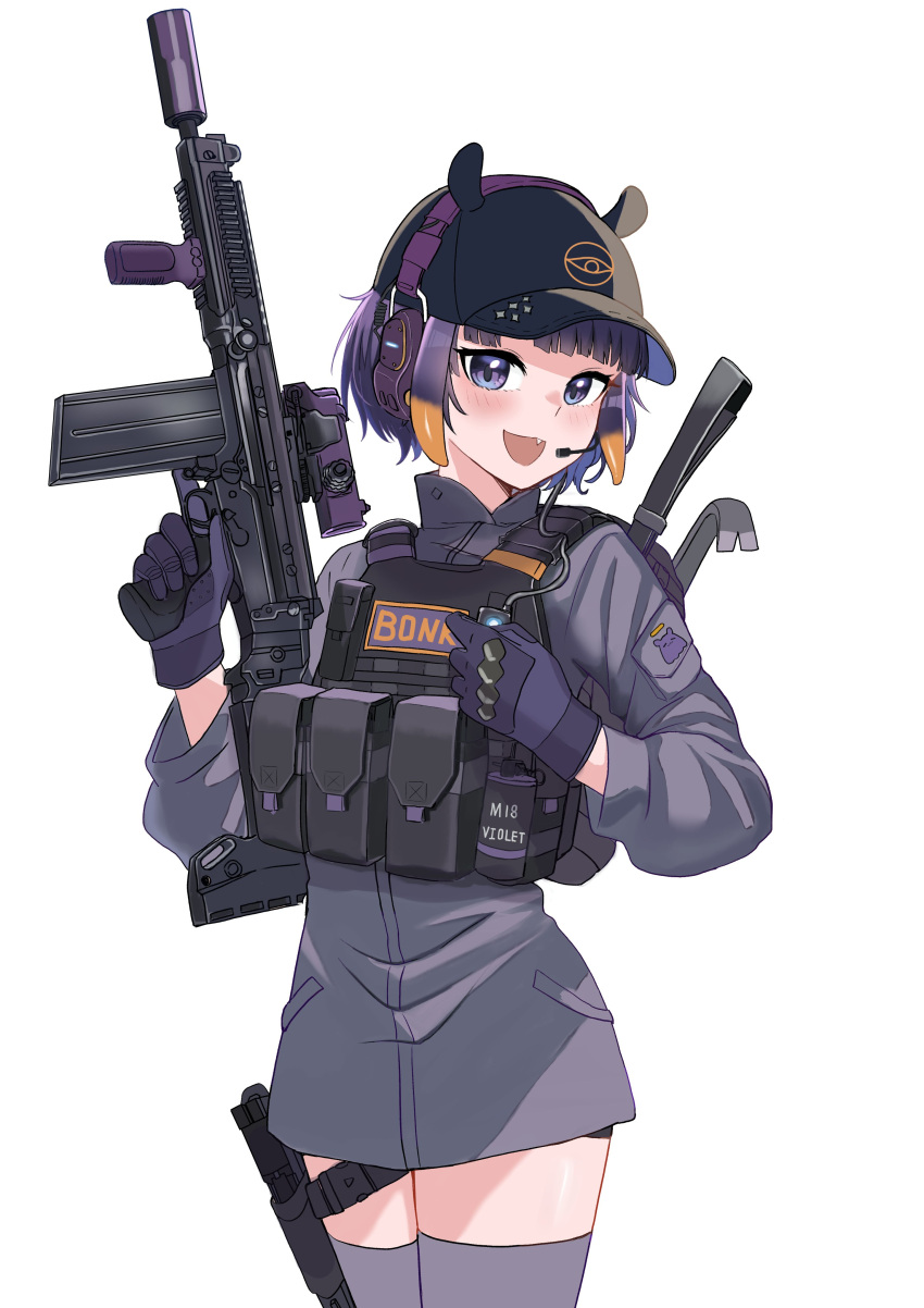 1girl absurdres blush chrispy_tuna crowbar gradient_hair gun hat highres holding holding_gun holding_weapon hololive hololive_english looking_at_viewer military military_hat multicolored_hair ninomae_ina'nis open_mouth pointy_ears purple_hair simple_background smile solo tentacle_hair tentacles thighhighs virtual_youtuber weapon white_background