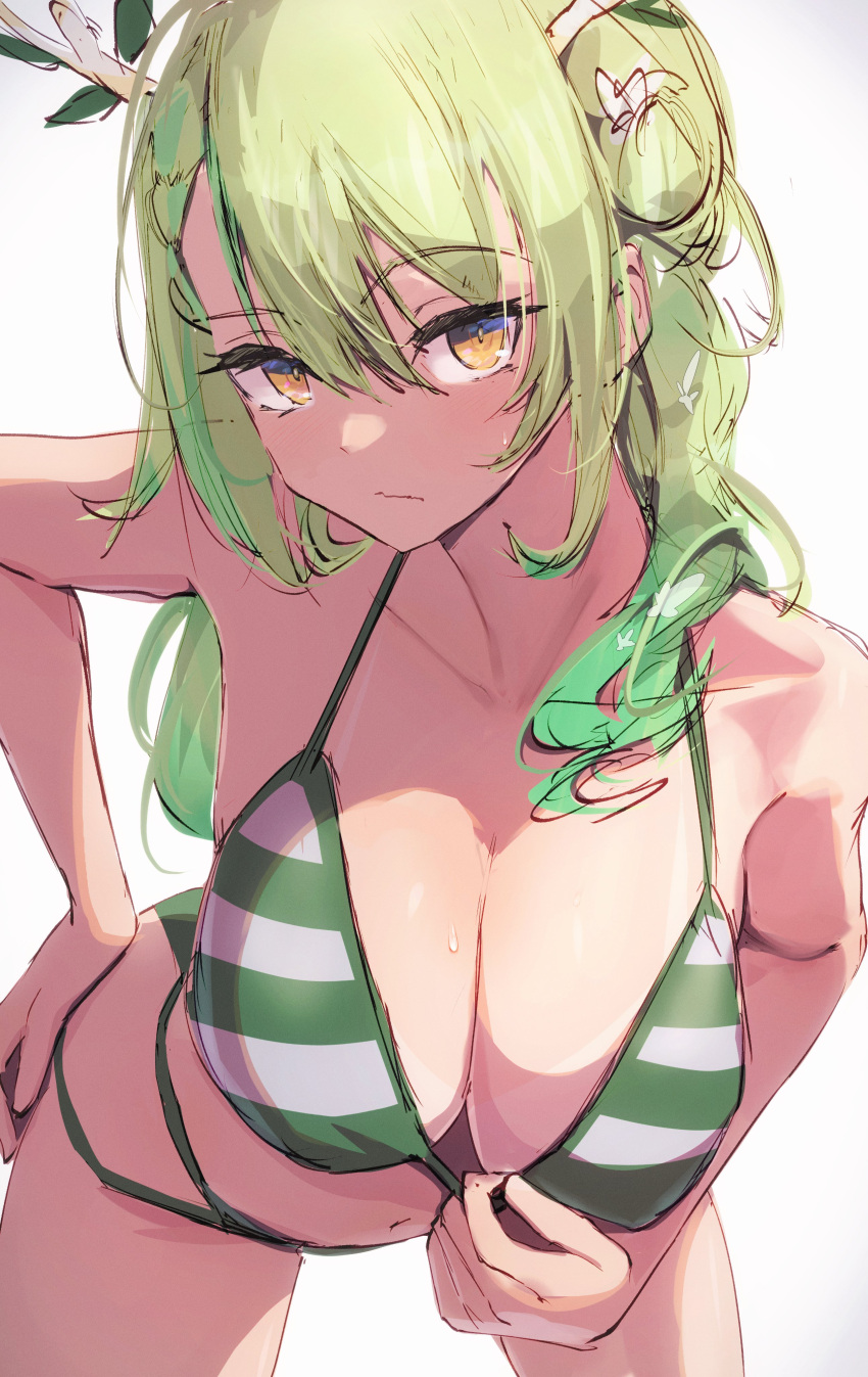 1girl absurdres antlers bare_arms bare_shoulders bikini bikini_tan breasts ceres_fauna cleavage closed_mouth collarbone getto green_bikini green_hair hair_between_eyes hand_on_own_hip highres hololive hololive_english large_breasts leaning_forward long_hair looking_at_viewer multi-strapped_bikini_bottom navel sidelocks simple_background solo standing strap_pull striped striped_bikini swimsuit tan tanlines virtual_youtuber white_background yellow_eyes