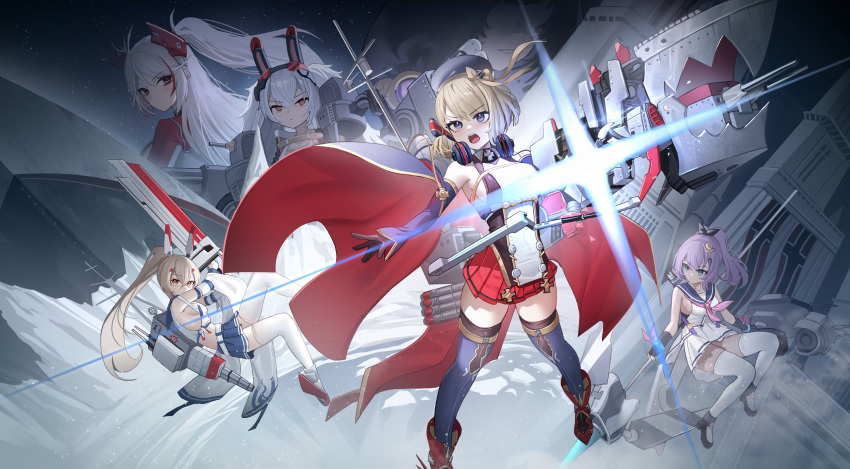 6+girls absurdres animal_ears artillery ayanami_(azur_lane) azur_lane bare_shoulders beret black_footwear black_gloves blonde_hair blue_sailor_collar blue_skirt boots breasts cape dress elbow_gloves fake_animal_ears full_body gloves gold_trim hair_between_eyes hat headgear headphones headphones_around_neck high_ponytail highres holding holding_sword holding_weapon ice javelin_(azur_lane) jeze laffey_(azur_lane) light_brown_hair medium_breasts miniskirt multicolored_hair multiple_girls neckerchief open_mouth orange_eyes pink_neckerchief pleated_skirt ponytail prinz_eugen_(azur_lane) purple_eyes purple_gloves purple_hair purple_headwear purple_sailor_collar purple_thighhighs rabbit_ears red_footwear red_hair red_skirt retrofit_(azur_lane) rigging sailor_collar sideboob sitting skirt small_breasts streaked_hair sword thighhighs torpedo_launcher turret twintails two-tone_hair weapon white_dress white_hair white_thighhighs z23_(azur_lane) zettai_ryouiki