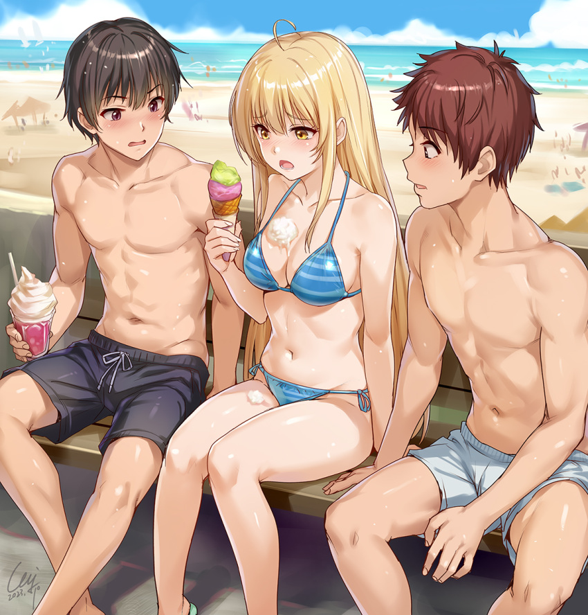 1girl 2boys akazawa_itsuki beach bench bikini black_hair black_male_swimwear blonde_hair blue_bikini blue_sky blush breasts brown_hair cleavage cloud collarbone commission cup day food food_on_body food_on_breasts fujimiya_amane highres holding holding_cup holding_food ice_cream ice_cream_cone ice_cream_cone_spill looking_at_another looking_to_the_side male_swimwear medium_breasts menyoujan multiple_boys navel ocean open_mouth otonari_no_tenshi-sama_ni_itsu_no_mani_ka_dame_ningen_ni_sarete_ita_ken outdoors pixiv_commission purple_eyes shiina_mahiru_(otonari_no_tenshi-sama) short_hair sitting sky striped striped_bikini swim_trunks swimsuit topless_male triple_scoop white_male_swimwear yellow_eyes