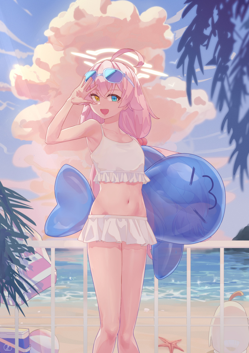 1girl absurdres ahoge armpits ball beach beachball bikini blue_archive blue_eyes blue_sky breasts cloud collarbone cowboy_shot eyewear_on_head fang frilled_bikini frills hair_bobbles hair_ornament halo heterochromia highres hoshino_(blue_archive) hoshino_(swimsuit)_(blue_archive) inflatable_toy inflatable_whale long_hair low_twintails navel ocean open_mouth outdoors peroro_(blue_archive) pink_hair sand skin_fang sky small_breasts smile solo standing starfish stomach sunglasses swimsuit twintails tzoblack water white_bikini yellow_eyes