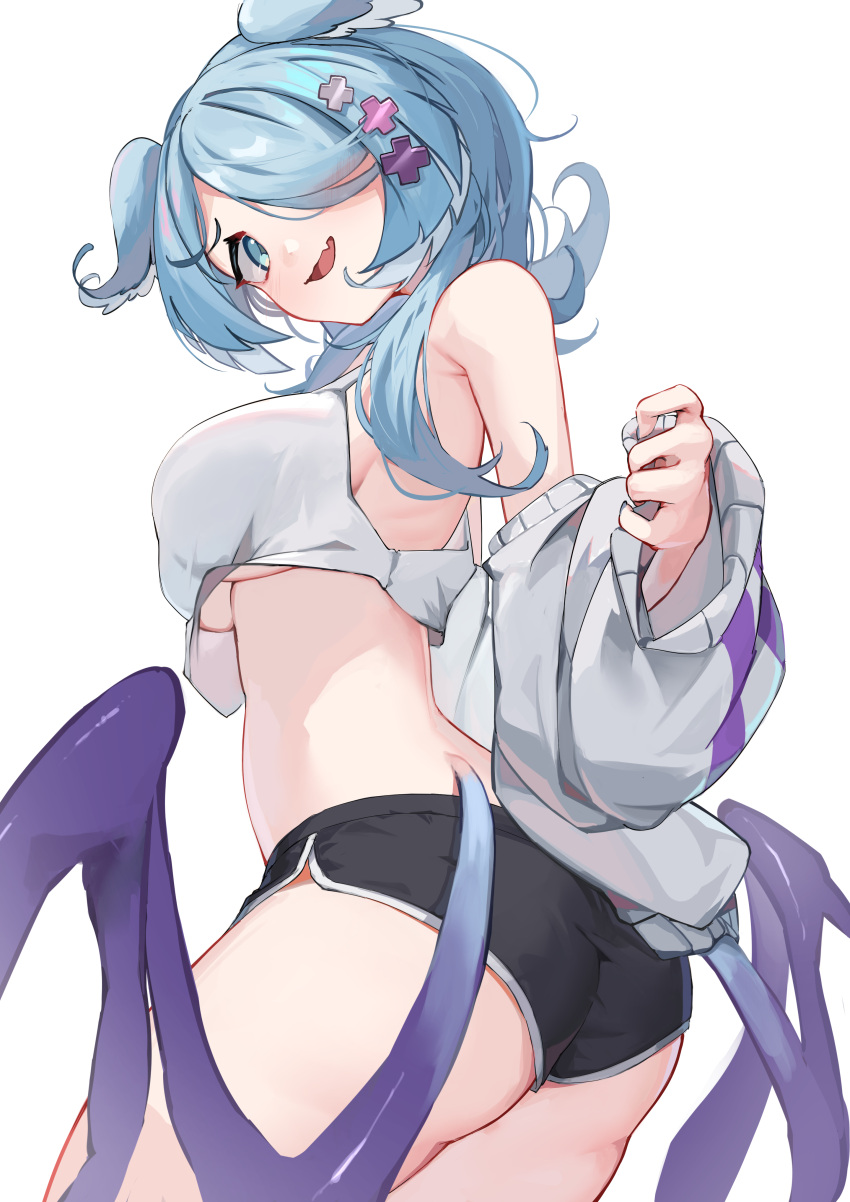 1girl absurdres ass blue_eyes blue_hair breasts cardigan crop_top dragon_girl elira_pendora fang from_behind hair_ornament hair_over_one_eye hair_wings head_wings highres long_hair looking_at_viewer loose_clothes low_wings medium_breasts micro_shorts nijisanji nijisanji_en noor7 open_cardigan open_clothes open_mouth shirt shorts sideboob simple_background skin_fang smile solo sweater tank_top underboob virtual_youtuber white_background white_shirt wings x_hair_ornament