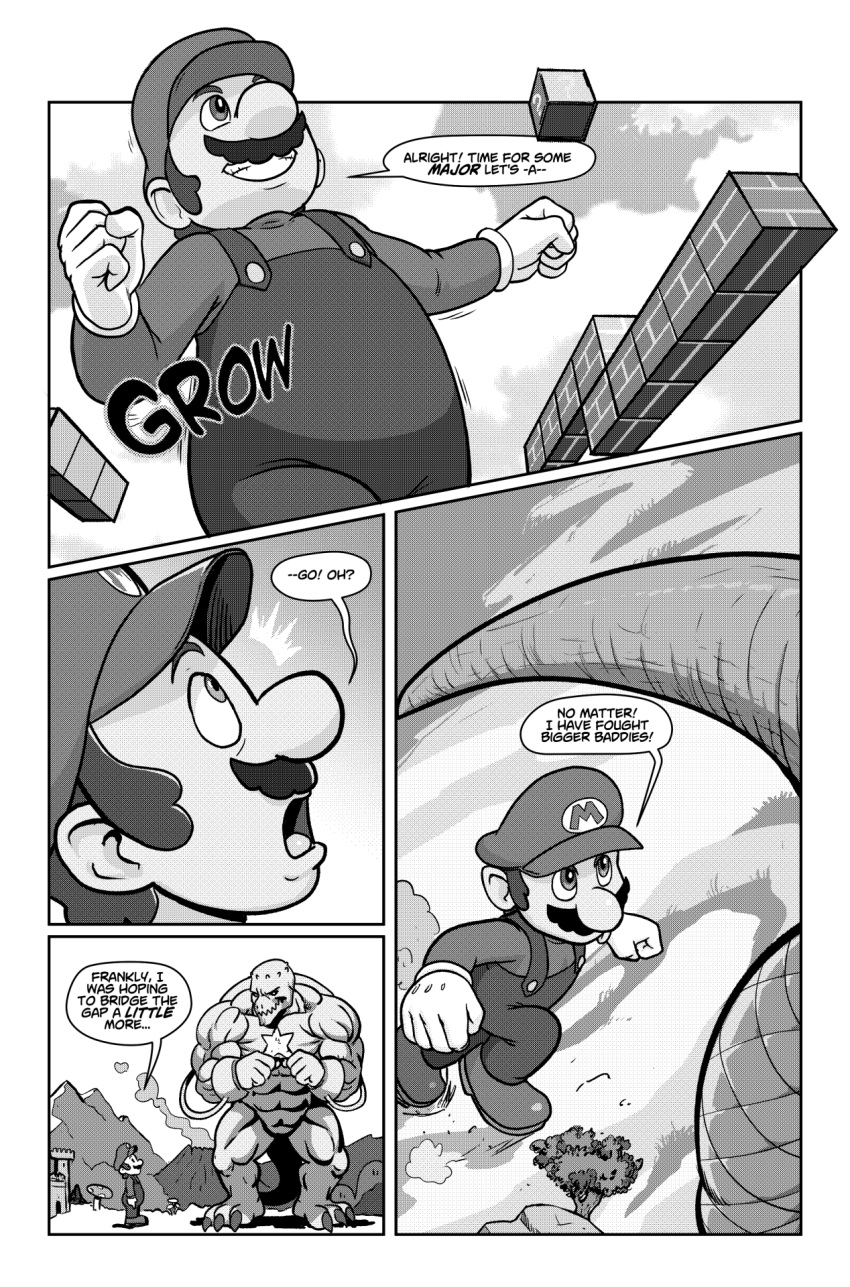 anthro bald boots bowsette_meme brick castle claws clothing comic crown demon facial_hair footwear gloves growth handwear hat headgear headwear hi_res human jugem_(pencils) macro male mammal mario mario_bros meme monochrome mountain muscular muscular_male mustache nintendo overalls pencils_(artist) plant scales sharp_teeth sideburns simple_background size_difference sound_effects speech_bubble super_crown super_star sweater tail teeth topwear tree turtleneck volcano
