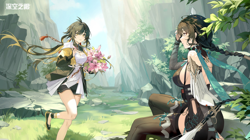 2girls aether_gazer arm_up artist_request bare_back bare_shoulders black_gloves black_hair black_leotard blonde_hair blue_eyes bouquet braid breasts brown_thighhighs detached_sleeves elbow_gloves floating_hair flower gloves highres holding holding_bouquet jacket jinwu_(aether_gazer) large_breasts leotard long_hair low_twintails multicolored_hair multiple_girls official_art open_clothes open_jacket partially_fingerless_gloves pink_flower shirt short_sleeves sideboob single_braid sitting thighhighs thighs twintails two-tone_hair white_shirt yellow_eyes ying_zhao_(aether_gazer)