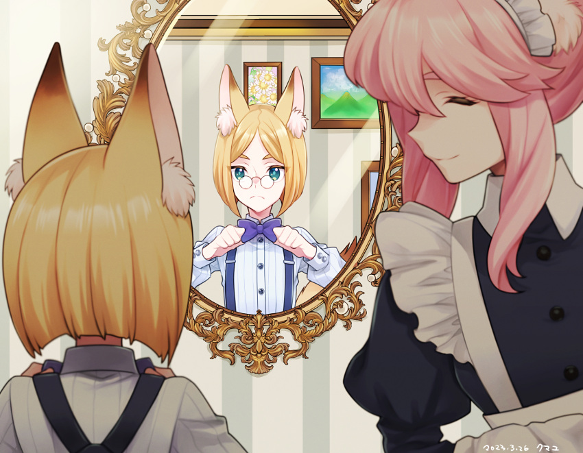 1boy 1girl adjusting_bowtie animal_ears apron blonde_hair blue_eyes blunt_ends bow bowtie closed_eyes collared_dress collared_shirt dress fox_boy fox_ears frilled_apron frills from_behind highres indoors juliet_sleeves kmy-3_(kumayu) long_sleeves maid mirror original picture_frame pince-nez pink_hair puffy_sleeves reflection shirt short_hair smile striped striped_shirt suspenders thick_eyebrows vertical-striped_shirt vertical_stripes