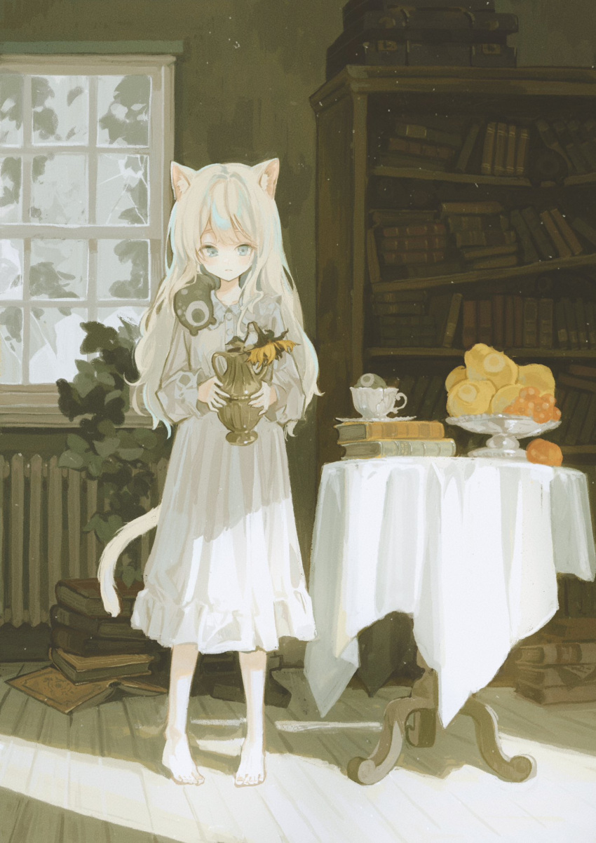 1girl animal_ear_fluff animal_ears barefoot blue_eyes book book_stack bookshelf broken_window buttons cat_ears cat_girl cat_tail closed_mouth commentary_request creature creature_on_shoulder cup dilapidated dress expressionless food fruit highres holding holding_vase indoors long_hair long_sleeves looking_at_viewer on_shoulder original plant popepopo999 radiator round_table saucer solo suitcase table tail teacup vase vines white_dress white_hair wilted_flower window wooden_floor